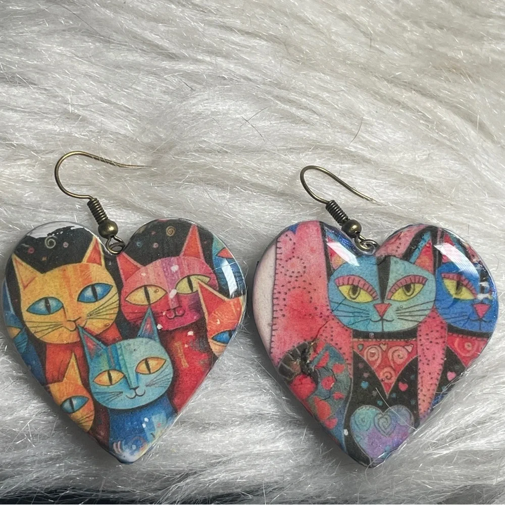 Laurel Burch Inspired Colorful Cat Heart Handmade Clay Earrings